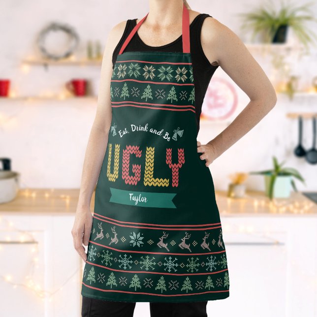 Green Ugly Christmas Sweater Nordic Knit Add Name Apron (Creator Uploaded)