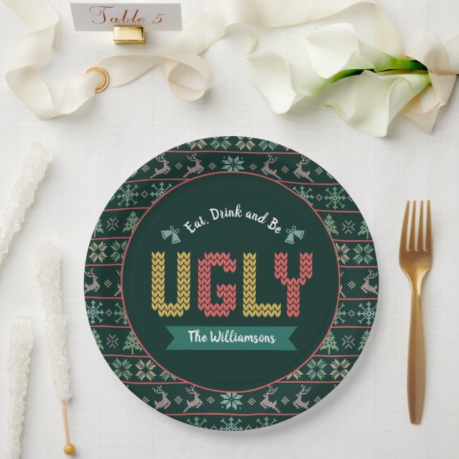 Green Ugly Christmas Sweater Nordic Knit Your Name Paper Plate (Wedding)