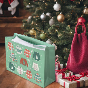 Green Ugly Christmas Sweaters & Snowflakes Large Gift Bag