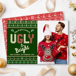 Green Ugly Sweater Christmas Photo Tacky Real Gold Foil Holiday Card