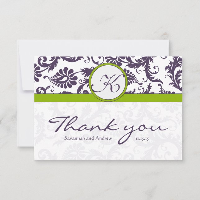 Green Ultra Violet Purple Damask Wedding Thank You (Front)