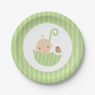 Green Umbrella Neutral Baby Shower Paper Plate