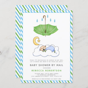 Green umbrella, sleeping baby boy shower by mail invitation
