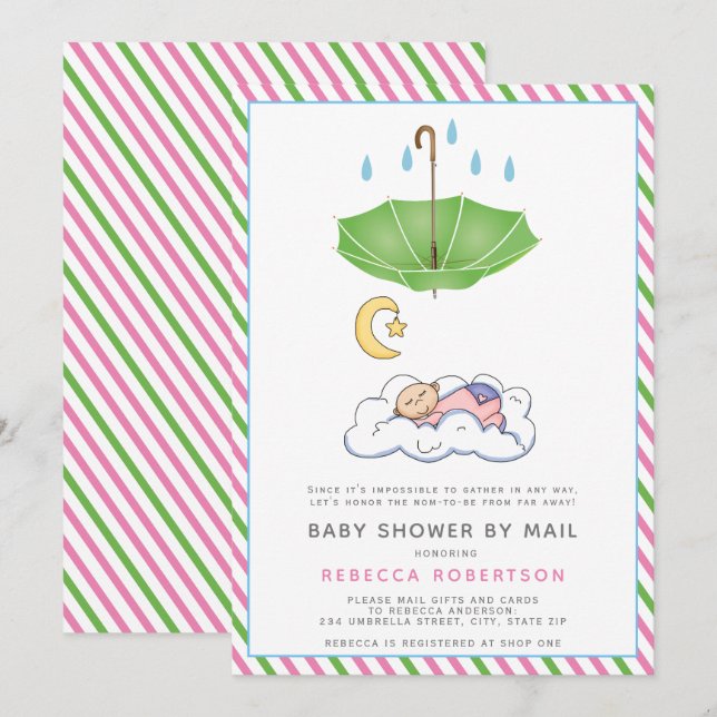 Green umbrella, sleeping baby girl shower by mail invitation (Front/Back)
