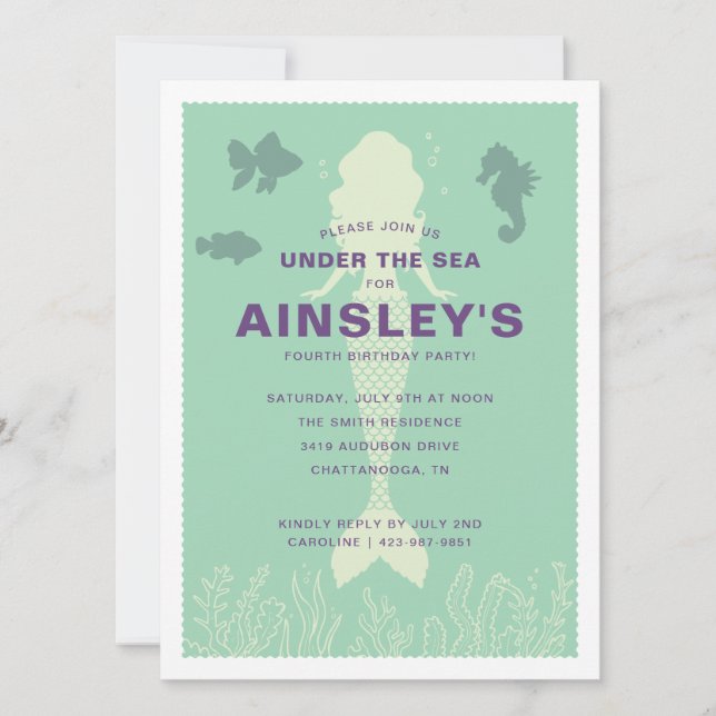 Green Under the Sea Mermaid Birthday Invitation (Front)