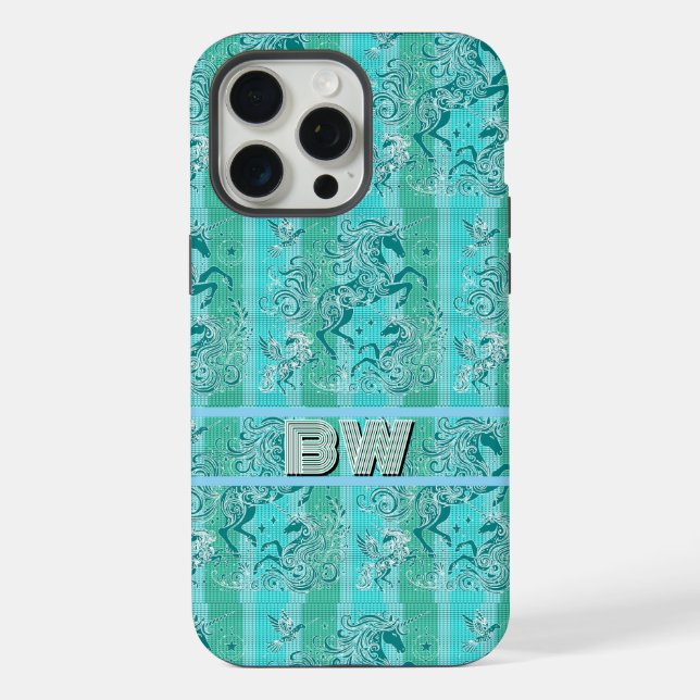 Green Unicorn Plaid Pattern Personalised Monogram iPhone Case (Back)