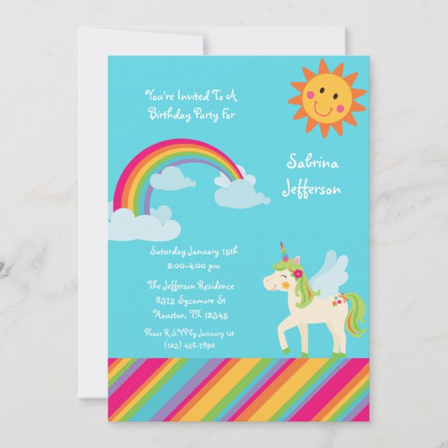 Green Unicorn Rainbow 5x7 Birthday Invitation (Front)