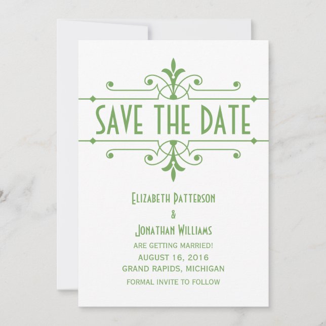 Green v2 Fancy Ornamental Save the Date Invite (Front)