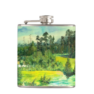 green valley painting Watercolor   Hip Flask