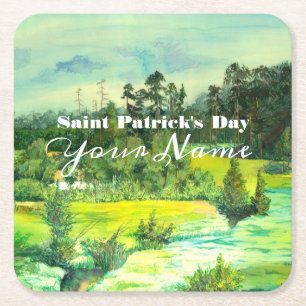 green valley painting Watercolor Square Paper Coaster