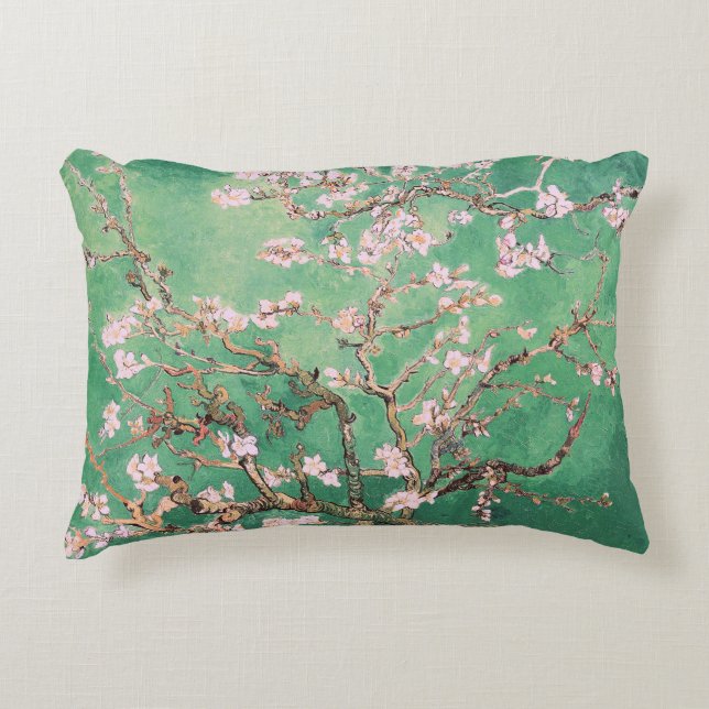 Green Van Gogh Almond Blossoms Decorative Cushion (Front)