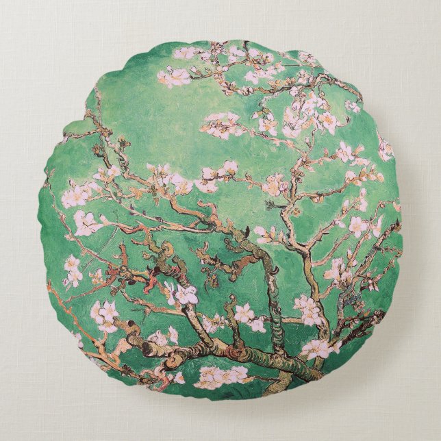 Green Van Gogh Almond Blossoms Round Cushion (Front)