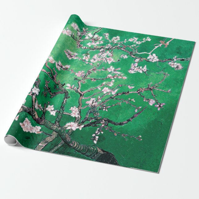 Green Van Gogh Almond Blossoms Wrapping Paper (Unrolled)