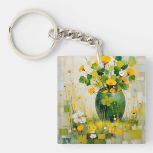 Green Vase of Irish Flowers & Shamrocks Key Ring