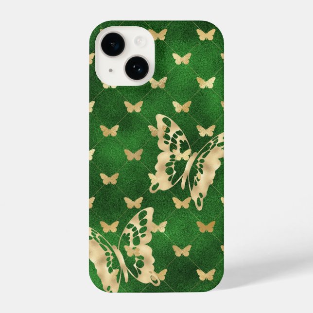 Green Velvet Golden Butterflies iPhone 14 Cases (Back)