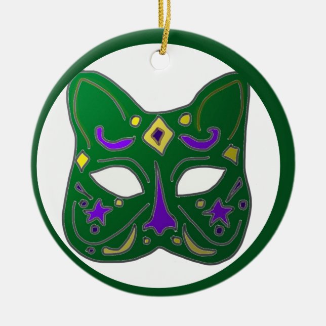 Green Venetian Cat Mask Design Ceramic Tree Decoration (Front)