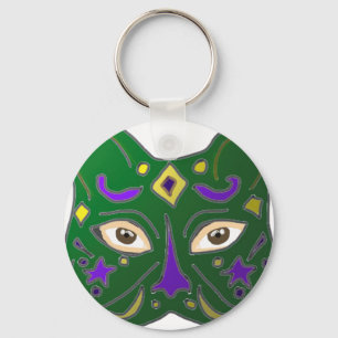Green Venetian Cat Mask Design Key Ring