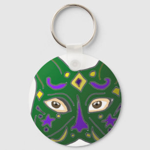 Green Venetian Cat Mask Design Key Ring