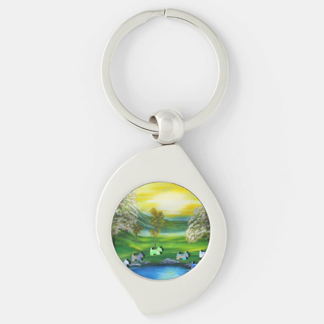 Green Venus Scotties at the Pond Key Ring (Front)