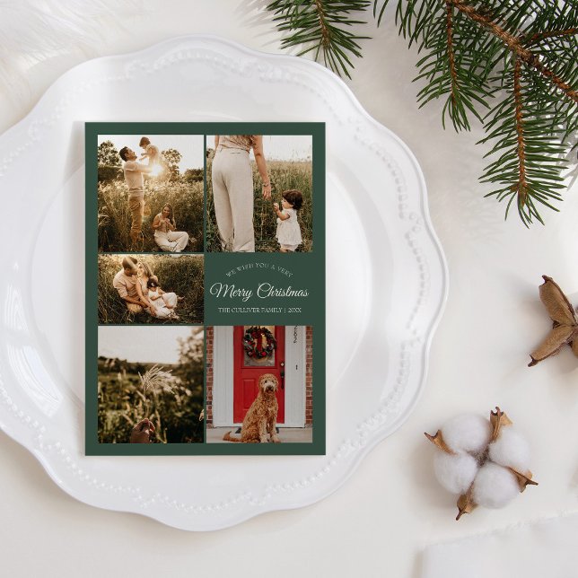 Green Very Merry Christmas Five Photo Collage Holiday Card (Creator Uploaded)