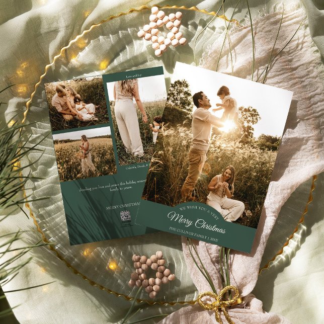 Green Very Merry Christmas Four Photo Vertical Holiday Card (Creator Uploaded)