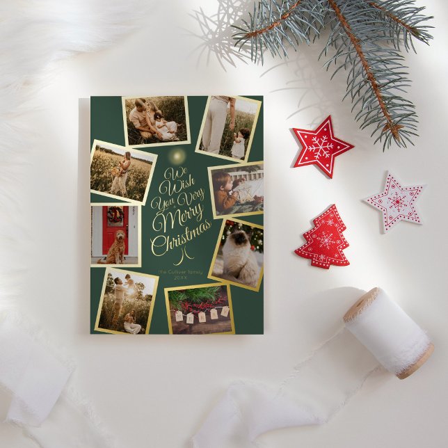 Green Very Merry Christmas Tree Photo Collage Foil Holiday Card (Creator Uploaded)