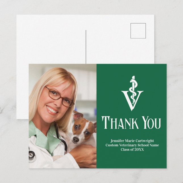 Green Veterinarian Photo Custom Thank You Postcard (Front/Back)