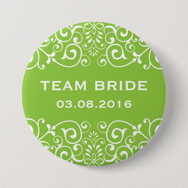 Green Victorian Floral Border Team Bride Button (Front)