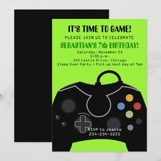 Green Video Game Boys Birthday Invitation (Front/Back)