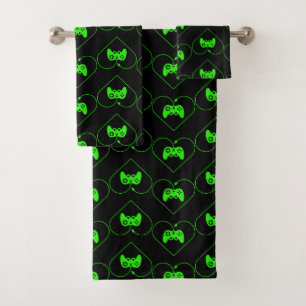 Green Video Game Controller Heart Pattern Bath Towel Set