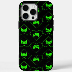 Green Video Game Controller Heart Pattern iPhone 16 Pro Max Case