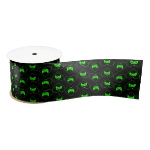 Green Video Game Controller Heart Pattern Satin Ribbon