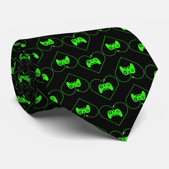 Green Video Game Controller Heart Pattern Tie (Rolled)