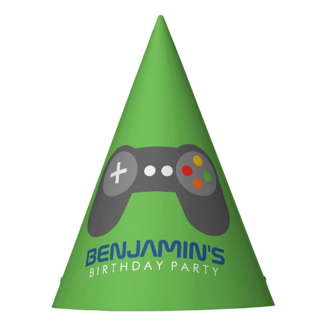 Green Video Game Controller Kids Birthday Party Hat (Front)