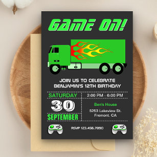 Green Video Game Truck Birthday Party Invitation