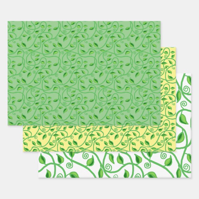 Green vine leaves tendrils wrapping paper sheet (Set)