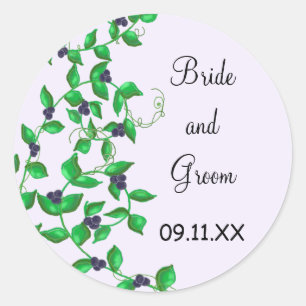 Green Vines and Navy Blue Berries Save the Date Classic Round Sticker