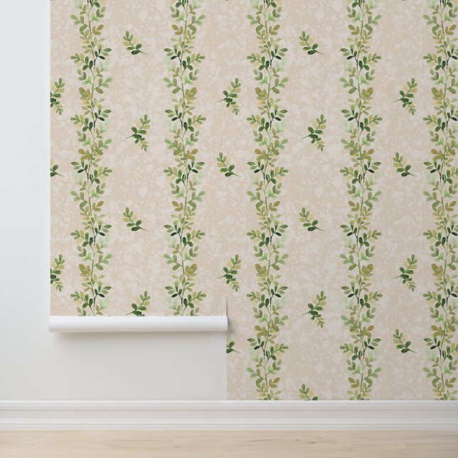Green Vines on Textured Cream Wallpaper (Application)