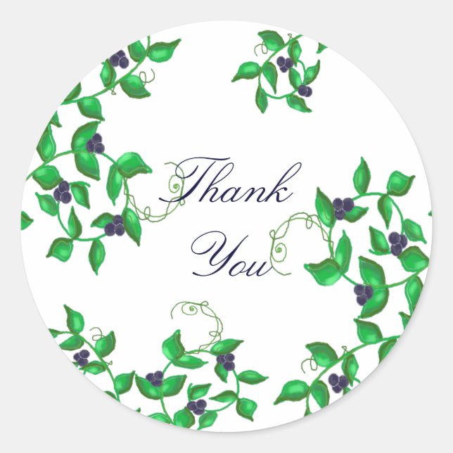 Green Vines with Navy Blue Berries Classic Round Sticker (Front)