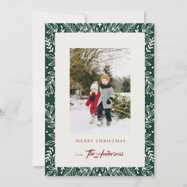 Green Vintage Botanical Frame Christmas Photo card (Front)