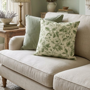 Green Vintage Botanical Toile Pattern Cushion