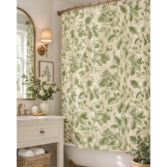 Green Vintage Botanical Toile Pattern Shower Curtain (Creator Uploaded)