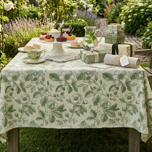 Green Vintage Botanical Toile Pattern Tablecloth (Creator Uploaded)