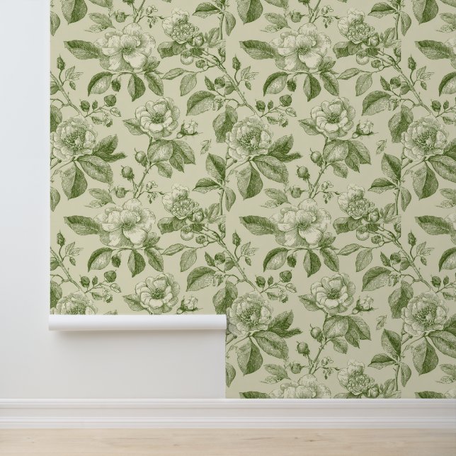 Green Vintage Botanical Toile Pattern Wallpaper (Application)