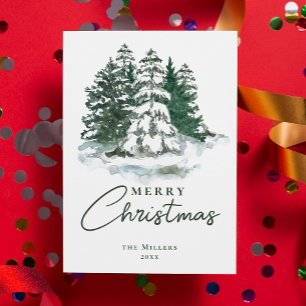 Green Vintage Botanical Tree Watercolor Christmas Holiday Card