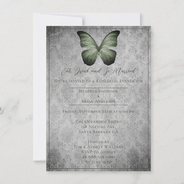Green Vintage Butterfly Damask Rehearsal Dinner Invitation (Front)