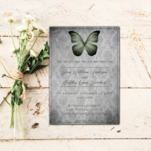 Green Vintage Butterfly Damask Wedding Invitation
