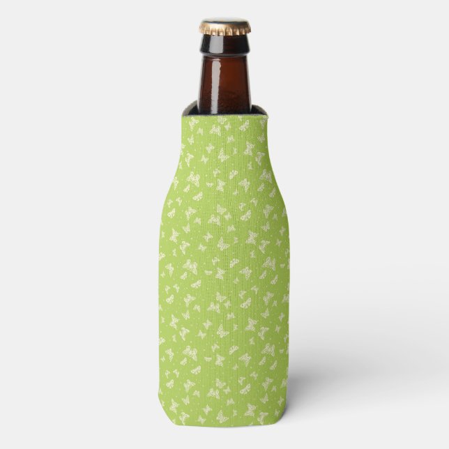 Green vintage butterfly motif pattern bottle cooler (Bottle Front)