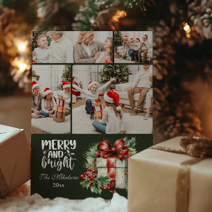 Green Vintage Christmas 4 Photo Family  Holiday Card