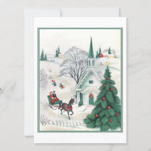 Green Vintage Christmas Horse Sleigh At Church Holiday Card